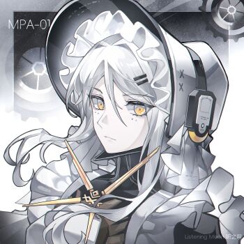 1girl absurdres apron artist_name bonnet character_name chinese_commentary commentary expressionless facial_mark from_side gears gradient_background haicma:_starveil_(pgr) haicma_(pgr) hair_between_eyes hair_intakes headgear highres looking_at_viewer looking_to_the_side maid maid_apron maid_headdress mark_under_both_eyes prototype_design punishing:_gray_raven sideways_glance solo space star_(sky) ting_zhi_yue white_bonnet white_hair yellow_eyes