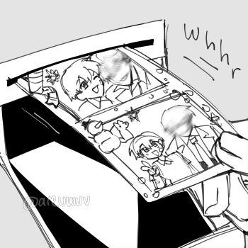 areuwuu bandage_on_face bandages censored censored_identity coat commentary dual_persona english_commentary hair_between_eyes highres kim_dokja monochrome motion_lines necktie oldest_dream omniscient_reader&#039;s_viewpoint photo_strip pov pov_hands printer shirt short_hair sound_effects t-shirt vest