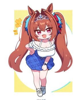 +++ 1girl animal_ears antenna_hair blue_skirt blush bow bracelet breasts brown_hair chibi chibi_only cleavage corrupted_twitter_file daiwa_scarlet_(casual)_(umamusume) daiwa_scarlet_(umamusume) fang full_body hair_between_eyes hair_bow hair_intakes hand_on_own_hip highres horse_ears horse_girl jewelry jorang_(jorang08) large_breasts long_hair open_mouth pink_eyes red_bow shoes skin_fang skirt smile solo tiara twintails umamusume white_shoes