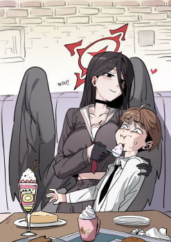 1boy 1girl ahoge black_gloves black_hair black_necktie black_shirt black_skirt black_wings blue_archive blush breasts brown_hair cake choker collarbone commission cup feathered_wings feeding food force-feeding gloves hair_between_eyes halo hasumi_(blue_archive) highres holding holding_spoon ice_cream ice_cream_spoon large_breasts long_hair long_hair_between_eyes looking_down midriff mole mole_under_eye necktie red_eyes red_halo red_necktie shirt short_male skirt smile spoon tall_female tosung_in very_long_hair white_shirt wings