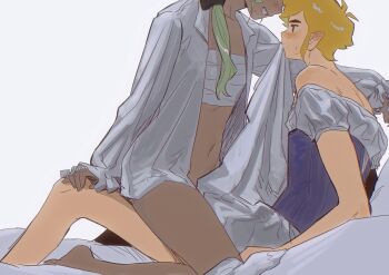 1boy 1girl blonde_hair blush chest_sarashi clothes_lift crossdressing crossdressing_(mtf) dark-skinned_female dark_skin dress dress_lift hair_over_shoulder hetero highres implied_penetration implied_sex link mouth_hold navel nintendo open_clothes open_shirt sarashi senzo6700 stomach straddling sweat tetra the_legend_of_zelda the_legend_of_zelda:_the_wind_waker thighs upright_straddle