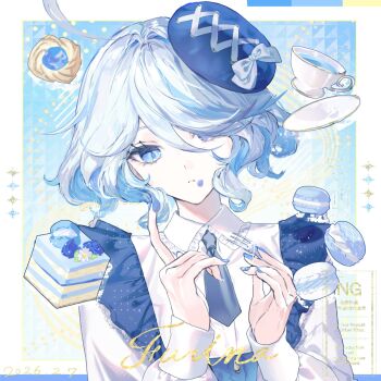 1girl ahoge arichi_(ariarikiwami) blue_eyes blue_hair blue_hat blue_nails blue_necktie blue_streaks bow cake collared_shirt commentary cookie cup fingernails food food_on_face fork furina_(genshin_impact) genshin_impact hair_over_one_eye hat hat_bow hat_ribbon heterochromia highres holding holding_fork long_sleeves looking_at_object macaron multicolored_hair nail_polish necktie plate ribbon shirt short_hair solo streaked_hair teacup untranslatable_commentary upper_body white_bow white_hair white_shirt white_sleeves