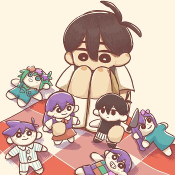 1boy antenna_hair aubrey_(headspace)_(omori) aubrey_(omori) basil_(headspace)_(omori) basil_(omori) black_eyes black_hair bright_pupils brown_shorts character_doll checkered_blanket collared_shirt doll double-parted_bangs dual_persona hair_between_eyes hero_(headspace)_(omori) hero_(omori) holding holding_stuffed_toy kel_(headspace)_(omori) kel_(omori) knees_up konekopan male_focus mari_(headspace)_(omori) mari_(omori) no_mouth omori omori_(omori) one-hour_drawing_challenge picnic_blanket shirt short_hair short_sleeves shorts sitting socks solo stuffed_animal stuffed_toy sunny_(omori) white_pupils white_shirt white_socks