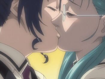 00s 2002 2girls animated animated_gif aqua_hair bible_black bible_black_gaiden bow bowtie classroom closed_eyes female_focus french_kiss glasses green_hair hairband kiss kozono_nami long_hair mochida_junko multiple_girls ponytail purple_hair saliva saliva_trail school school_uniform sunset tagme yellow_eyes yuri