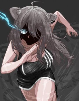 1girl adapted_costume ahoge animal_ears bare_shoulders earrings grey_eyes grey_hair highres hololive jewelry lion_ears long_hair nail_polish nasterro running shishiro_botan shorts solo sportswear tank_top virtual_youtuber