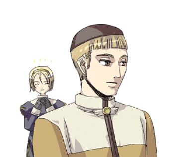 Rule 34 | 1boy, 1girl, acolyte (ragnarok online), blonde hair, brown coat, brown eyes, brown hat, closed mouth, coat, commentary request, dated commentary, dress, expressionless, gloves, grey dress, grey gloves, hat, lowres, male focus, oomojiya, own hands together, priest (ragnarok online), ragnarok online, short bangs, short hair, simple background, skullcap, smile, solo focus, upper body, white background