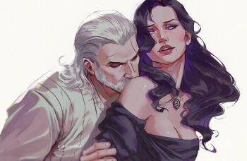 1boy 1girl aleksandra_skiba bare_shoulders beard black_choker black_dress black_hair choker closed_eyes dress facial_hair geralt_of_rivia kissing_shoulder long_hair looking_at_another looking_to_the_side mature_female mole mole_under_mouth off-shoulder_dress off_shoulder pendant_choker purple_eyes shirt simple_background the_witcher_(series) the_witcher_3 white_background white_hair white_shirt yennefer_of_vengerberg