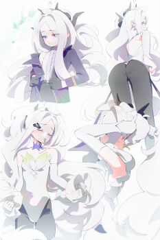 1girl absurdres ahoge arms_behind_head arms_up ass blue_archive blush bm_tol breasts commentary_request demon_girl demon_horns demon_wings gloves hair_tie_in_mouth halo hand_in_own_hair hands_in_own_hair highres hina_(blue_archive) holding holding_own_hair horns long_hair low_wings mouth_hold ponytail purple_eyes simple_background small_breasts standing tying_hair very_long_hair white_background white_gloves white_hair wings