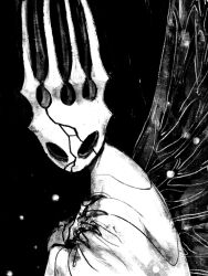 Rule 34 | 1other, black background, broken, butterfly wings, cloak, crack, crown, ded-lime, fingernails, grey background, greyscale, highres, hollow eyes, hollow knight, horns, insect wings, monochrome, pale king (hollow knight), robe, solo, white cloak, white robe, wings