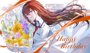 1girl blue_eyes bouquet breast_pocket coat coat_partially_removed commentary crossed_bangs dated english_commentary flower hair_between_eyes happy_birthday highres holding holding_bouquet lab_coat long_hair long_sleeves makise_kurisu necktie off_shoulder open_mouth pocket red_hair red_necktie science_adventure shirase_rin shirt solo steins;gate upper_body white_coat white_shirt