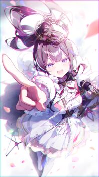 1girl :d arm_up azki_(hololive) azki_(prima_diva)_(hololive) black_hair boots cape center_frills coat colored_inner_hair commentary_request corset crown double-parted_bangs falling_petals floating_crown floating_hair frilled_sleeves frills fur-trimmed_cape fur_trim hair_intakes hand_up highres holding holding_microphone hololive juliet_sleeves layered_skirt long_hair long_sleeves looking_at_viewer making-of_available microphone mochida_touri multicolored_hair official_alternate_costume open_mouth outstretched_arm petals pink_hair pink_streaks pleated_skirt pointing pointing_at_viewer ponytail puffy_sleeves purple_eyes see-through_skirt_layer shirt skirt smile solo standing streaked_hair thigh_boots underbust very_long_hair virtual_youtuber white_boots white_cape white_coat white_shirt white_skirt white_streaks