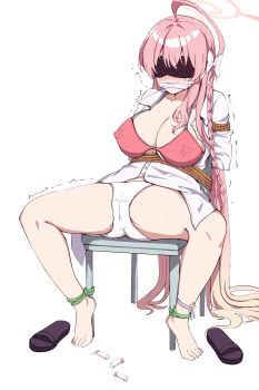 Rule 34 | 1boy, 1girl, absurdres, barefoot, blue archive, bound, breasts, female ejaculation, forced orgasm, halo, hanako (blue archive), highres, hitachi magic wand, large breasts, long hair, mimoun, orgasm, pink hair, pink halo, restrained, sex toy, simple background, sitting, stationary restraints, swimsuit, tied up (nonsexual), vibrator, white background