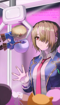 1girl against_glass blazer blonde_hair blue_jacket blurry blurry_foreground brown_hair character_doll closed_mouth collared_shirt commentary_request crane_game doll hair_ornament hair_over_one_eye hairclip hand_on_glass heaven_burns_red highres implied_yuri izumi_yuki_(heaven_burns_red) jacket kayamori_ruka ledale252 long_sleeves necktie one_eye_covered open_clothes open_jacket pink_necktie red_eyes red_necktie school_uniform shirt short_hair solo stuffed_toy upper_body waving white_shirt yuri