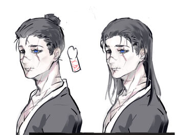 1boy alternate_hairstyle bamboo-hatted_kim black_coat black_eyes bleeding blood blue_eyes coat commentary_request dated hair_bun hair_slicked_back heterochromia limbus_company looking_ahead male_focus medium_hair multiple_views project_moon scar scar_across_eye scar_on_chest scar_on_face scar_on_mouth scar_on_neck shoggoth_(sirens20211) short_hair single_hair_bun upper_body white_background white_trim