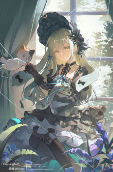 1girl absurdres animal_ears arknights bang_dream! bang_dream!_it&#039;s_mygo!!!!! black_bonnet black_dress black_gloves bonnet chinese_commentary commentary_request doll_joints dress gloves green_hair highres joints long_hair maoerduo_meow open_mouth puppet_strings rabbit_ears rabbit_girl sidelocks solo stuffed_animal stuffed_cat stuffed_toy teddy_bear wakaba_mutsumi wakaba_mutsumi_(marionette&#039;s_id) yellow_eyes