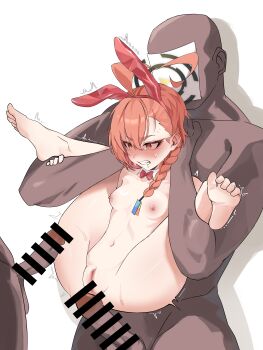 1girl 2boys absurdres ahoge amat0_0 animal_ear_hairband animal_ears bald bar_censor blue_archive blush bow bowtie braid breasts censored cleft_of_venus clenched_teeth collarbone commentary_request completely_nude crying crying_with_eyes_open dark-skinned_male dark_skin detached_collar drooling erection fake_animal_ears folded full_nelson hairband halo hetero highres huge_ahoge imminent_double_penetration imminent_penetration lifting_person mole mole_under_eye multiple_boys navel neru_(blue_archive) neru_(bunny)_(blue_archive) nipples nude orange_eyes orange_hair paper_on_head penis petite pussy rabbit_ears red_bow red_bowtie single_braid small_breasts standing stomach sweat swept_bangs tears teeth trembling upper_body v-shaped_eyebrows