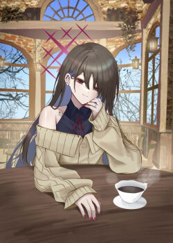 1girl absurdres alternate_hair_length_(longer) black_shirt blue_archive blue_hair blush brown_eyes brown_hair brown_sweater cafe coffee collared_shirt colored_inner_hair commentary_request cup ear_piercing earrings halo highres indoors jewelry long_hair long_sleeves looking_at_viewer misaki_(blue_archive) multicolored_hair neck_ribbon piercing pink_nails red_ribbon ribbon ring shirt sleeveless sleeveless_shirt solo steam sweater sych1590 wedding_ring window