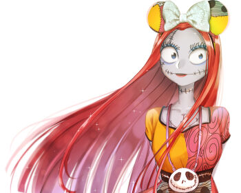 1girl colored_skin dress highres humanization lips long_hair minnie_mouse_ears patchwork_clothes patchwork_skin pinstripe_pattern red_hair sally_(nbc) smile solo stitched_arm stitched_face stitches striped_clothes striped_vest t_magu the_nightmare_before_christmas vest