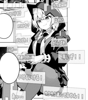 1girl animal_hood armor blush breasts closed_mouth collared_shirt controller cropped dot_nose female_focus highres hood hooded_jacket hoodie igarashi_masakuni jacket japanese_text kirino_iko large_breasts long_sleeves manga_illustration manga_page mayonaka_heart_tune miniskirt monochrome necktie official_art pantyhose playing_games pleated_skirt school_uniform shirt short_hair skirt smile smirk solo solo_focus speech_bubble translation_request