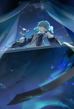 1girl absurdres bare_shoulders black_jacket blue_hair breasts buling_(wuthering_waves) closed_mouth commentary_request detached_sleeves dress from_below hand_up head_rest highres huqu_(huqu45712) jacket looking_at_viewer side_ponytail small_breasts solo upper_body white_dress wuthering_waves yellow_eyes