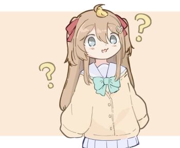 Rule 34 | 1girl, :3, :d, ?, aqua bow, aqua bowtie, blue eyes, blue sailor collar, blue serafuku, blue skirt, blush, border, bow, bowtie, brown hair, cardigan, confused, cowboy shot, hair between eyes, hair ornament, hair ribbon, heart, heart hair ornament, kosame, long hair, long sleeves, looking at viewer, miniskirt, neuro-sama, object on head, open mouth, orange background, outside border, pleated skirt, red ribbon, ribbon, rubber duck, sailor collar, school uniform, serafuku, simple background, skirt, sleeves past fingers, sleeves past wrists, smile, solo, two side up, vedal ai, white border, wide-eyed, yellow cardigan