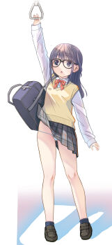 1girl :o absurdres accidental_exposure arm_up black-framed_eyewear black_eyes black_hair black_shoes blue_bag blue_socks bow bowtie clothes_lift flat_chest full_body glasses gluteal_fold grey_skirt highres legs long_hair long_sleeves orange_bow orange_bowtie original panties pantyshot pleated_skirt pop_(electromagneticwave) shirt shoes sidelocks skirt skirt_lift socks solo standing string_panties striped_bow striped_bowtie striped_clothes thighs underwear vest white_background white_panties white_shirt yellow_vest