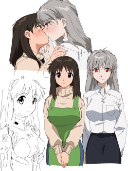 4zw89qkqagggcf7 blue_eyes blush brown_hair commentary_request couple genderswap genderswap_(mtf) grey_hair highres ikari_shinji kiss long_hair mecha_pilot_suit multiple_views nagisa_kaworu neon_genesis_evangelion pilot_suit plugsuit_(evangelion) rebuild_of_evangelion red_eyes shirt smile yuri
