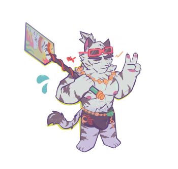 1boy abs animal_ears bara bare_pectorals barefoot biceps black_male_swimwear bulge chibi chibi_only claws dislyte eyewear_on_head fckinfish fish flying_sweatdrops furry furry_male highres holding holding_oar holding_weapon jewelry jin_qiu_(ru_shou)_(wild_python)_(dislyte) looking_at_viewer looking_up male_focus male_swimwear muscular muscular_male necklace nipples oar over_shoulder pawpads pectorals ponytail sunglasses swim_trunks tail tiger tiger_boy tiger_ears tiger_stripes tiger_tail topless_male v weapon weapon_over_shoulder white_background white_fur white_tiger