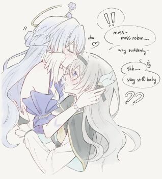 Rule 34 | !, !!, 2girls, ?, ??, absurdres, black hairband, blush, bracelet, closed eyes, commentary, firefly (honkai: star rail), green eyes, grey hair, hairband, halo, hashtag-only commentary, head wings, highres, honkai: star rail, honkai (series), jewelry, kiss, kissing forehead, lhu (hhh lig), multiple girls, pearl bracelet, robin (honkai: star rail), spoken exclamation mark, white wings, wings, yuri