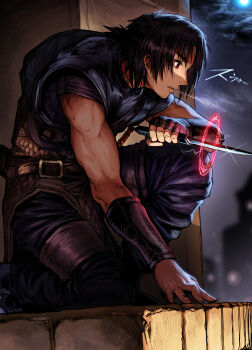 1boy absurdres aged_down armor assassin black_hair boroboro_no_elf-san_wo_shiawase_ni_suru_kusuri_uri-san bracer commentary_request dagger fingernails flashback gibagiba glint hatching_(texture) highres holding holding_dagger holding_knife holding_weapon knife kusuriuri-san ledge magic_circle male_focus moon night night_sky on_one_knee outdoors parted_lips profile red_eyes reverse_grip rooftop scale_armor short_hair sky sleeveless solo vest weapon