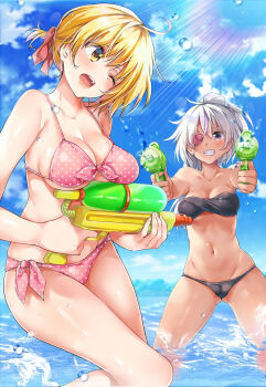 2girls ;d bikini black_bikini blonde_hair blue_sky breasts dokyuu_hentai_hxeros dual_wielding eyepatch front-tie_bikini_top front-tie_top grin groin gun highres holding holding_water_gun hoshino_kirara large_breasts long_hair multiple_girls murasame_shiko navel official_art one_eye_closed open_mouth pink_bikini polka_dot polka_dot_bikini ponytail purple_eyes ryouma_(galley) short_hair side-tie_bikini_bottom sky small_breasts smile stomach strapless strapless_bikini swimsuit teeth thighs upper_teeth_only wading water water_gun weapon white_hair wide_hips yellow_eyes