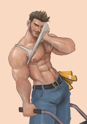 Rule 34 | 1boy, abs, arasgnes, bara, bare pectorals, beard stubble, brown hair, construction worker, coral island, cowboy shot, denim, derek (coral island), facial hair, green eyes, hairy, hard hat, head tilt, helmet, highres, jeans, large pectorals, lifted by self, looking at viewer, male focus, mature male, muscular, muscular male, navel, navel hair, nipples, one eye closed, pants, pectorals, seductive smile, short hair, smile, solo, sparse chest hair, stomach, stubble, sweat, thick eyebrows, tsurime, very sweaty, wiping sweat