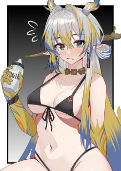 1girl absurdres alternate_breast_size_(larger) aqua_eyes arknights baby_bottle bare_shoulders bikini black_bikini blonde_hair blue_hair blush border bottle breasts cleavage closed_mouth collarbone colored_skin dragon_horns earrings flying_sweatdrops front-tie_bikini_top front-tie_top gradient_background grey_background grey_hair hair_intakes hair_ornament hair_rings hair_stick highres horns jewelry long_hair looking_at_viewer medium_breasts multicolored_hair muusn navel necklace outside_border pointy_ears shu_(arknights) solo swimsuit upper_body very_long_hair white_border yellow_skin