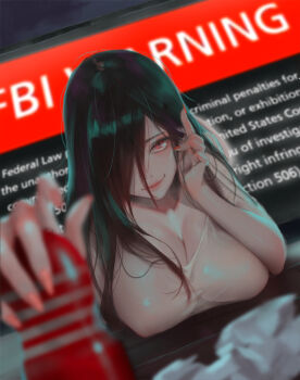 1girl absurdres black_hair breasts cleavage covered_erect_nipples dress hair_over_one_eye highres large_breasts long_hair looking_at_viewer mature_female nekobell shiny_skin smile solo television the_ring through_medium through_screen yamamura_sadako