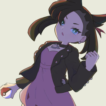 1girl :o black_hair clenched_hand collar commentary_request dress earrings eyelashes green_eyes hair_ribbon hand_up highres holding holding_poke_ball jacket jewelry long_sleeves marnie_(pokemon) nintendo onigiritohourennsou open_clothes open_jacket open_mouth poke_ball poke_ball_(basic) pokemon pokemon_sword_and_shield ribbon simple_background solo twintails