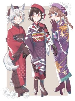 3girls absurdres animal_ears border braid brown_gloves brown_hair brown_hat commentary_request covering_own_mouth floral_print floral_print_kimono full_body geta gloves hat highres himekaidou_hatate inubashiri_momiji japanese_clothes kimono leaf_print long_hair looking_at_another looking_at_viewer multiple_girls obi obiage obijime pointy_ears pom_pom_(clothes) print_kimono purple_hat purple_kimono red_eyes red_hat red_kimono rose_print sash shameimaru_aya short_hair smile standing tail tengu tengu-geta toraneko_2 touhou white_border white_hair wolf_ears wolf_girl wolf_tail