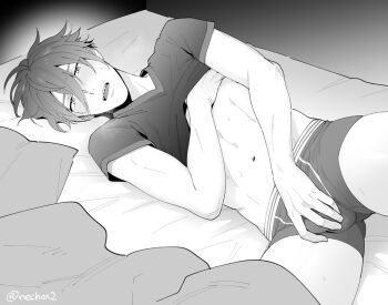 1boy akuno_hideo bed bed_sheet bedroom blush boxer_briefs boxers breasts bulge clothes_lift crotch_grab grabbing_own_breast groping heavy_breathing idolmaster idolmaster_side-m in_bed long_bangs male_focus male_underwear navel partially_undressed rubbing rubbing_crotch sharp_teeth shirt shirt_lift short_hair sokka_(kbs) solo solo_focus tagme teeth underwear