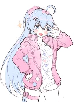 Rule 34 | 1girl, 5rwpvc, :d, absurdres, ahoge, blue eyes, blue hair, blush, character doll, character print, cowboy shot, doll, hair between eyes, hair ornament, hairclip, headphones, headphones around neck, highres, honkai (series), honkai impact 3rd, jacket, light blue hair, long hair, looking at viewer, official alternate costume, one eye closed, open mouth, pink jacket, shigure kira, shigure kira (fuzzy pink love), shirt, smile, solo, standing, star (symbol), thigh strap, thighs, v, white background, white shirt