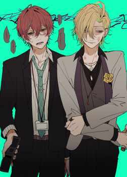 2boys ahoge aqua_background aqua_necktie aqua_streaks averting_eyes bags_under_eyes belt black_jacket black_pants black_shirt blonde_hair blood blood_from_mouth brooch brown_belt bruise bruise_on_face bruise_on_neck button_gap cellphone cowboy_shot crossed_bangs earrings empty_eyes flip_phone frown green_streaks grey_vest grid_print hair_intakes hair_over_one_eye hand_on_own_elbow head_tilt highres holding holding_microphone holding_phone hypnosis_mic id_card injury izanami_hifumi jacket jewelry kannonzaka_doppo looking_down looking_to_the_side male_focus microphone multiple_boys necktie open_mouth pants pendant phone red_hair ring salaryman shirt speech_bubble striped_clothes striped_shirt twitter_username vest wata_i white_shirt
