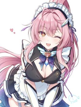 Rule 34 | 1girl, :d, aemeath (wuthering waves), alternate costume, apron, artist logo, black dress, breasts, cleavage, commentary, cowboy shot, dress, enmaided, highres, kiri celea, large breasts, leaning forward, logo, long hair, looking at viewer, maid, maid headdress, open mouth, orange eyes, pink hair, ponytail, simple background, smile, solo, star-shaped pupils, star (symbol), symbol-shaped pupils, tacet mark (wuthering waves), white background, wuthering waves