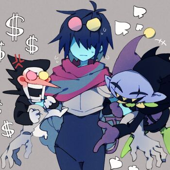 1other 2525nicc 2boys anger_vein armor black_hair black_jacket blue_bodysuit blue_hair blue_skin bodysuit circle_facial_mark colored_skin colored_teeth deltarune dollar_sign eyewear_on_head flying_sweatdrops gloves grabbing_another&#039;s_arm green_shoes grey_gloves hat heterochromatic_eyewear highres jacket jester_cap jevil kris_(dark_world)_(deltarune) kris_(deltarune) long_nose multiple_boys neck_ruff pointy_ears pointy_nose purple_gloves round_eyewear shoes short_hair small_sweatdrop spade_(shape) spamton_g._spamton sweat tinted_eyewear utdr_(toby_fox) yellow_teeth