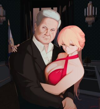 1boy 1girl absurdres blonde_hair boris_yeltsin cabinet collared_shirt dress girls&#039;_frontline grey_hair highres nishibuya official_alternate_costume old old_man ots-14_(girls&#039;_frontline) real_life red_dress russian_flag shirt upper_body white_shirt yellow_eyes