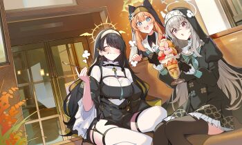 3girls :3 absurdres aqua_eyes black_dress black_hair black_thighhighs black_veil blue_archive breasts closed_mouth commentary_request couch crossed_bangs dress grey_hair hair_between_eyes hair_over_one_eye highres hinata_(blue_archive) holding holding_spoon large_breasts mari_(blue_archive) multiple_girls muo_(muojjang_0929) nun on_couch orange_hair purple_eyes sakurako_(blue_archive) sisterhood_(blue_archive) spoon thighhighs thighs veil white_thighhighs