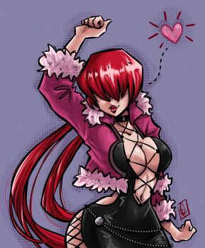 1girl breasts cleavage_cutout clothing_cutout coat curvy dorysypunto dress female_focus fishnets fluffy heart huge_breasts large_breasts long_hair no_bra pale_skin ponytail red_hair shermie_(kof) skirt the_king_of_fighters thick_thighs thighs twintails wide_hips