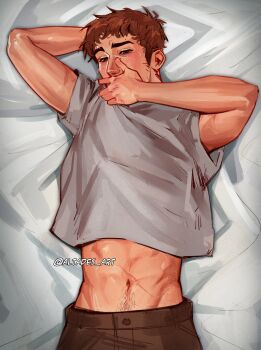 1boy abs absurdres altades_art arm_behind_head arms_up brown_hair brown_pants commentary covering_own_mouth dispatch english_commentary from_above grey_shirt groin highres lying male_focus midriff navel on_back pants photo-referenced robert_robertson shirt short_hair short_sleeves solo t-shirt toned toned_male twitter_username