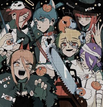 3boys 3girls angel_devil_(chainsaw_man) animal_ears blue_eyes blue_hair chainsaw chainsaw_man cosplay denji_(chainsaw_man) dog fake_animal_ears frankenstein&#039;s_monster frankenstein&#039;s_monster_(cosplay) group_picture halloween halloween_costume hayakawa_aki highres horns makima_(chainsaw_man) mask multiple_boys multiple_girls mummy_costume pink_hair pochita_(chainsaw_man) power_(chainsaw_man) pumpkin purple_hair red_eyes red_hair reze_(chainsaw_man) skull_mask witch wolf_boy yellow_eyes zelzmd
