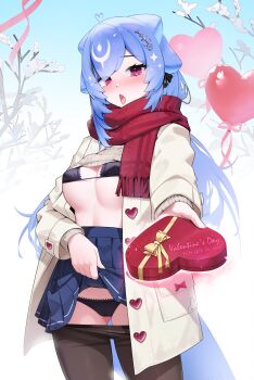 1girl alternate_costume balloon bao_the_whale black_bra black_panties black_pantyhose blue_hair blue_skirt blush box bra breasts cetacean_tail clothes_lift clothes_pull commentary english_commentary fins fish_tail heart-shaped_box heart_balloon highres holding holding_box indie_virtual_youtuber lace lace-trimmed_bra lace-trimmed_panties lace_trim large_breasts long_hair looking_at_viewer micro_bra open_mouth panties pantyhose pantyhose_pull red_eyes red_scarf scarf shirt skirt skirt_lift solo stealcoffins sweater sweater_lift tail tongue tongue_out underwear virtual_youtuber whale_girl white_shirt