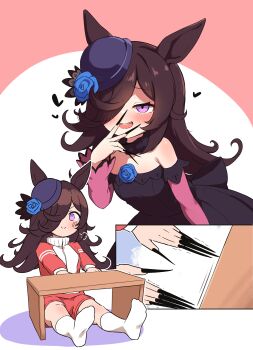 1girl :d absurdres animal_ears black_dress black_nails blue_flower blue_rose blush breasts brown_hair closed_mouth commentary_request dress fingernails flower hair_over_one_eye hat hat_flower heart highres horse_ears horse_girl jacket long_bangs long_hair long_sleeves looking_at_viewer multiple_views open_mouth outstretched_arms puff_of_air purple_eyes purple_hat red_jacket red_shorts rice_shower_(rosy_dreams)_(umamusume) rice_shower_(umamusume) rose rotasu_(rotasqqfv) sharp_fingernails shorts sitting small_breasts smile socks tracen_training_uniform track_jacket umamusume v v-shaped_eyebrows v_over_mouth very_long_fingernails white_socks