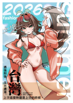 1girl 2026 absurdres bikini blue_sky breasts brown_hair chinese_commentary chinese_text cloud commentary_request eyewear_on_head feet_out_of_frame front-tie_bikini_top front-tie_top grey_eyes hand_on_own_hip highres jacket long_hair open_clothes open_jacket original pink_jacket red_bikini side-tie_bikini_bottom sky small_breasts solo sunglasses swimsuit traditional_chinese_text translation_request viccat0127