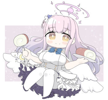 1girl black_shoes blue_archive blue_bow blue_flower blush_stickers bow breasts brown_eyes cake capelet chibi closed_mouth commentary_request convenient_leg crescent dress flower food fork frilled_dress frills full_body hair_bun hair_flower hair_ornament halo highres holding holding_fork holding_plate knees_together_feet_apart large_breasts long_hair mika_(blue_archive) miranofuudoria pantyhose pink_hair plate shoes single_side_bun smile solo swiss_roll very_long_hair white_capelet white_dress white_pantyhose white_wings wings